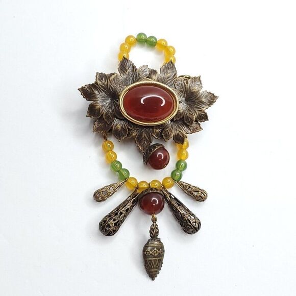 Leaf Acorn Brooch Jelly Belly Beaded Rust Red Yellow Green Handmade Bonze Look - Picture 1 of 4